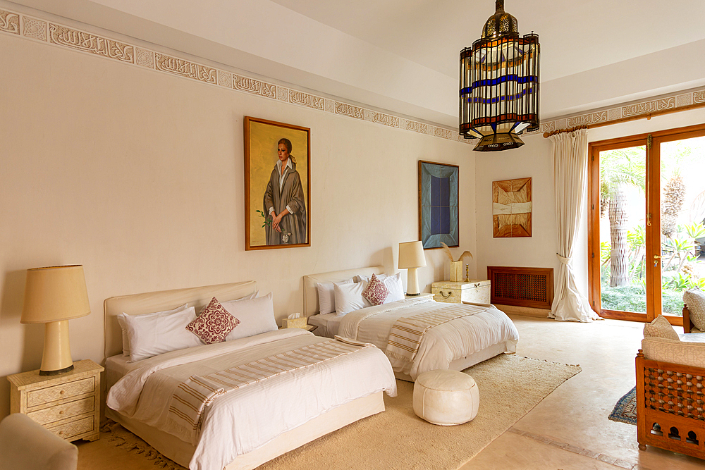 Bedroom with portrait of Farah Diba Pahlavi, Palais Claudio Bravo, Taroudant, Sous Valley, Morocco, North Africa, Africa