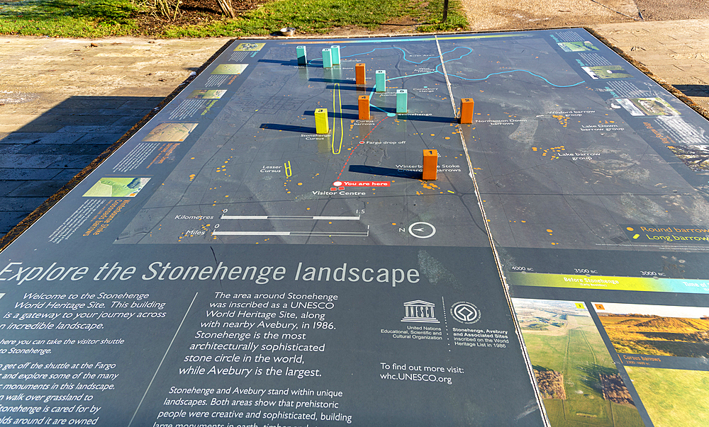 Information map about the prehistoric landscape of Stonehenge, Wiltshire, England, United Kingdom, Europe