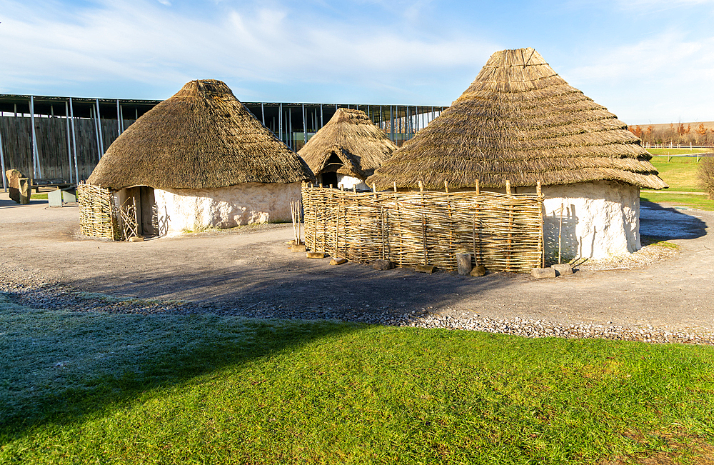 Reconstruction of Neolithic round houses buildings, Stonehenge, Wiltshire, England, United Kingdom, Europe