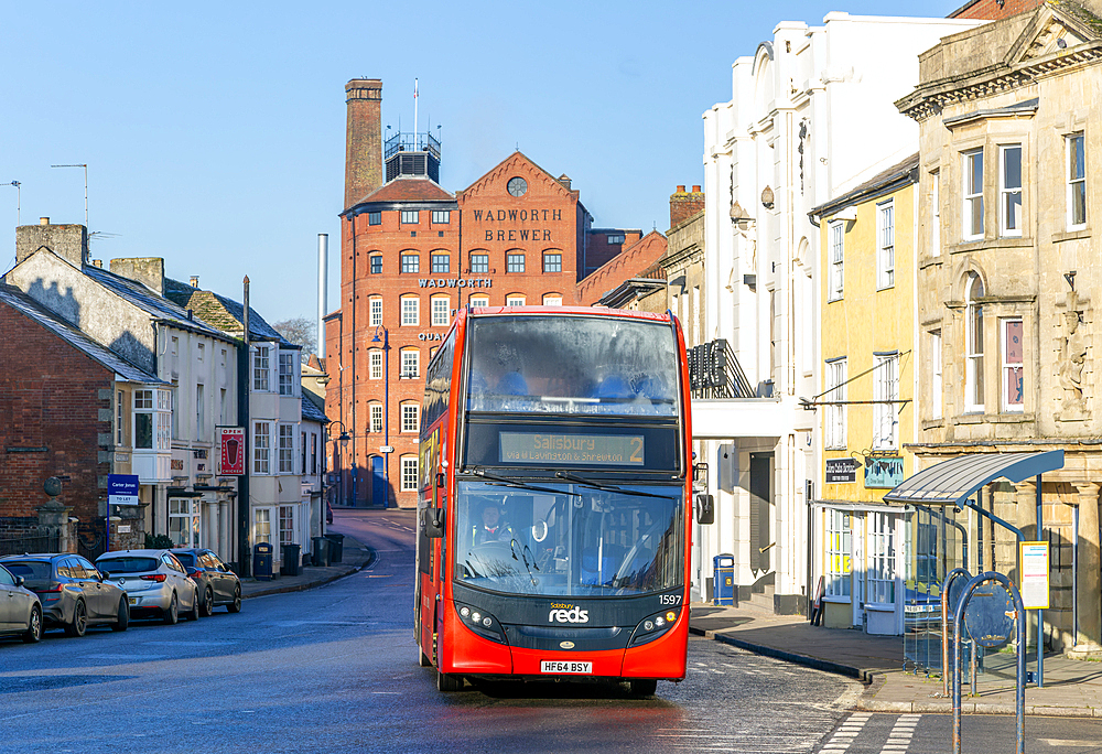 Red double decker bus, Salisbury Reds company, in town centre of Devizes, Wiltshire, England, United Kingdom, Europe