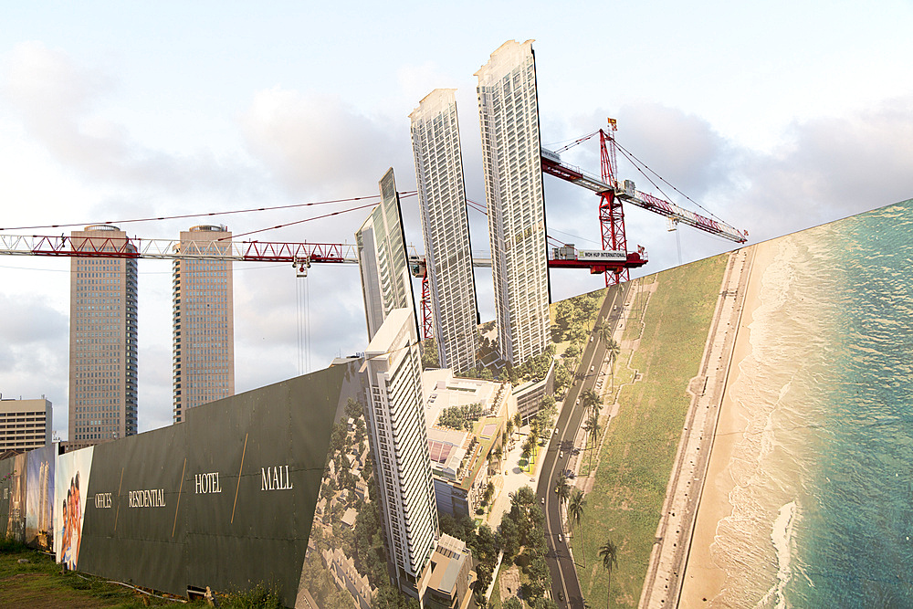 Construction site building activity image with cranes near Twin Towers of World Trade Centre, Colombo, Sri Lanka, Asia