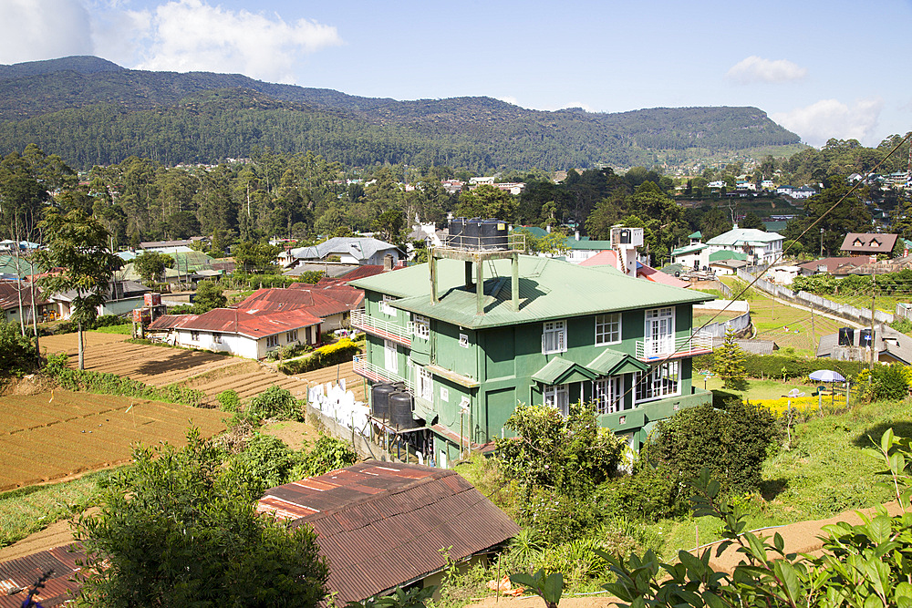 View over farmland to the town of Nuwara Eliya, Central Province, Sri Lanka Asia