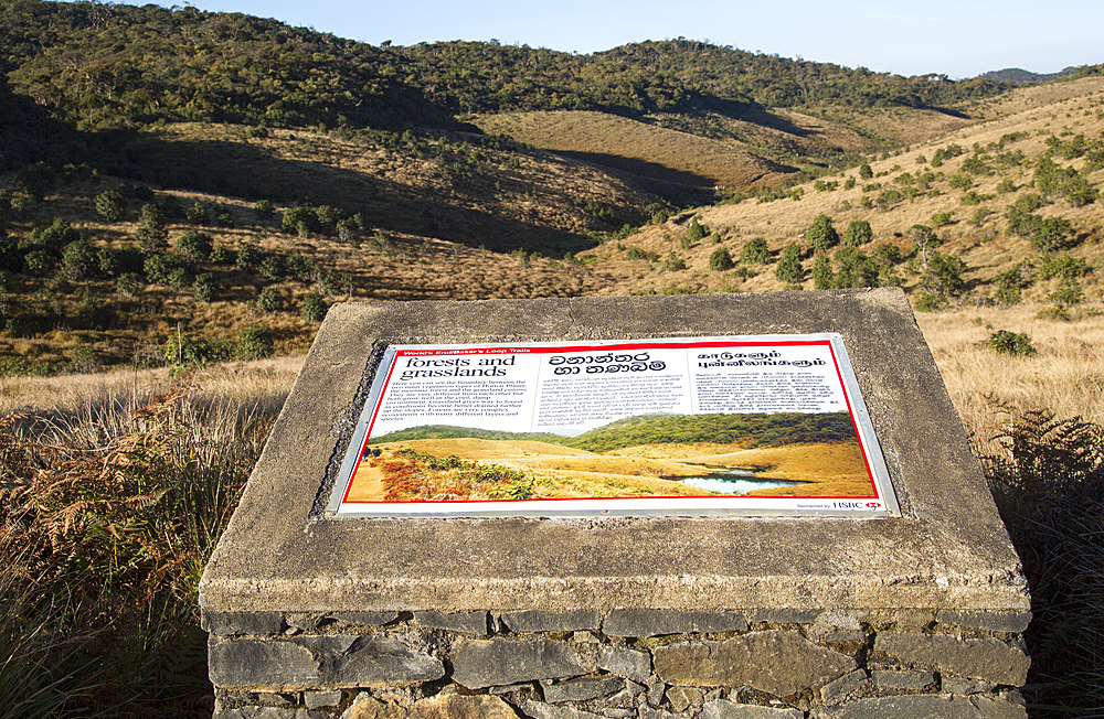 Information board about montane grassland and cloud forest environment, Horton Plains National Park, Sri Lanka, Asia