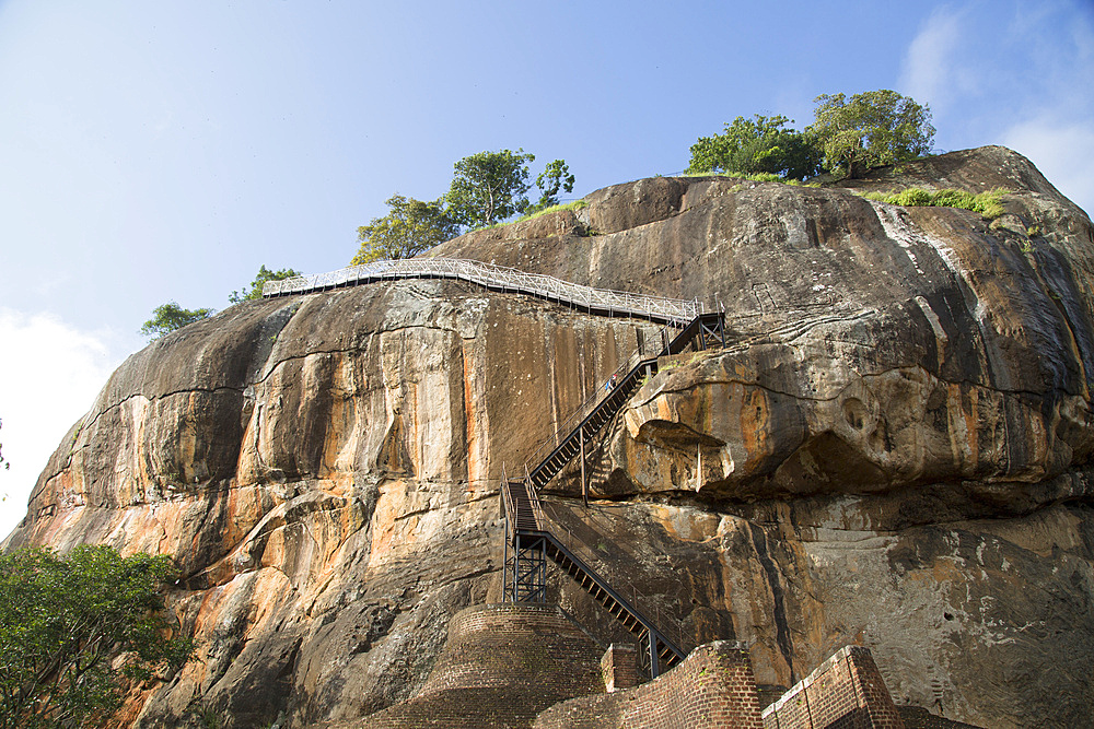 Metal staircase climbing to rock palace fortress, Sigiriya, UNESCO World Heritage Site, Central Province, Sri Lanka, Asia