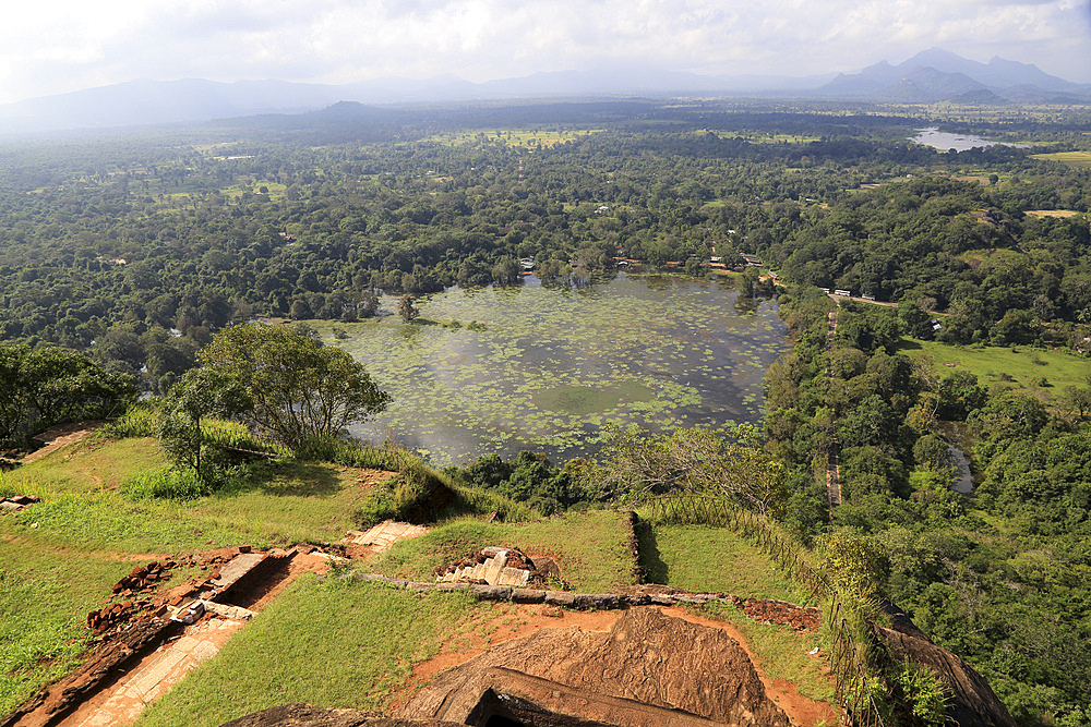 View of lake and forest from rock palace, UNESCO World Heritage Site, Sigiriya, Central Province, Sri Lanka, Asia