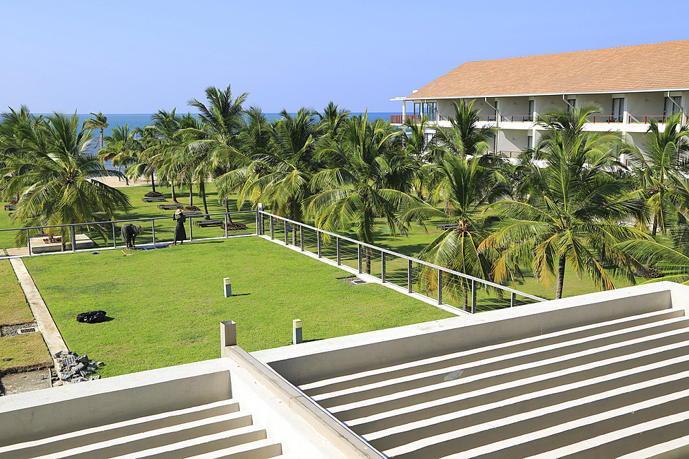 Staff tending sedum grass roof garden, Amaya Beach Resort and Spa hotel, Pasikudah Bay, Eastern Province, Sri Lanka, Asia