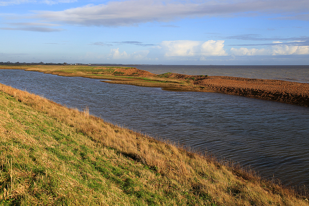 Rapid erosion of shingle bay bar landform on North Sea coast, Hollesley Bay, Bawdsey, Suffolk, England, United Kingdom, Europe