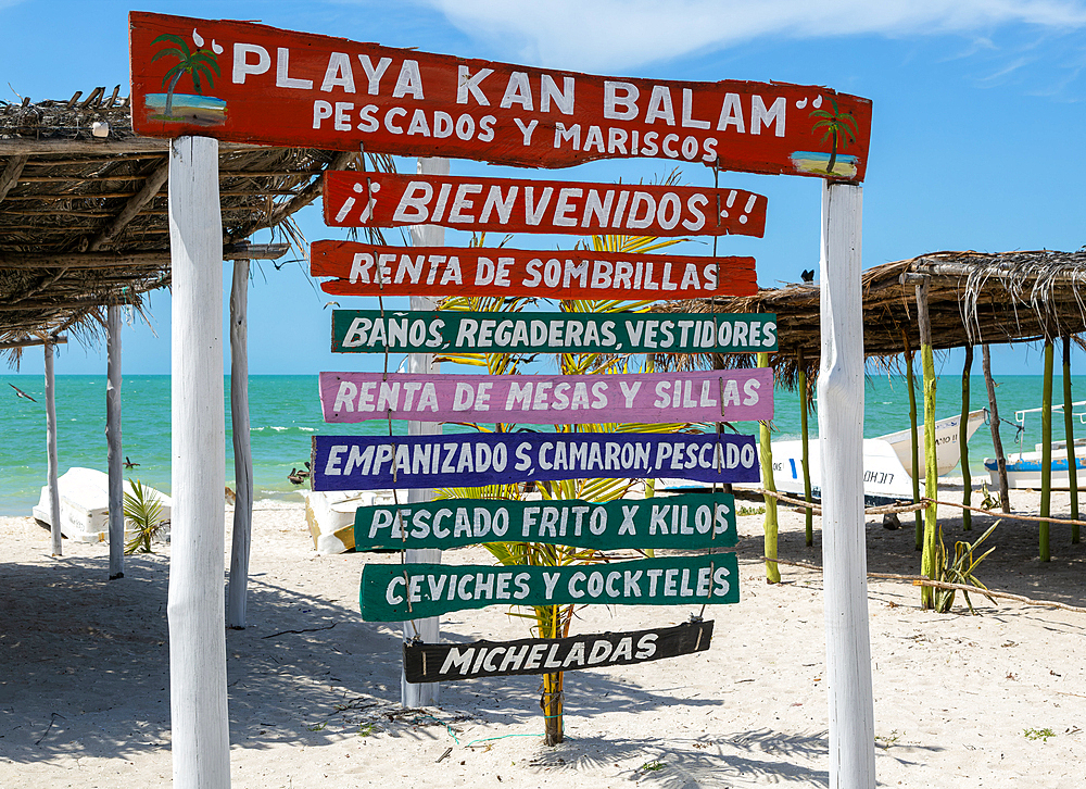 Painted wooden beach signs at Playa Kan Balam, Celestun, Yucatan, Mexico, North America