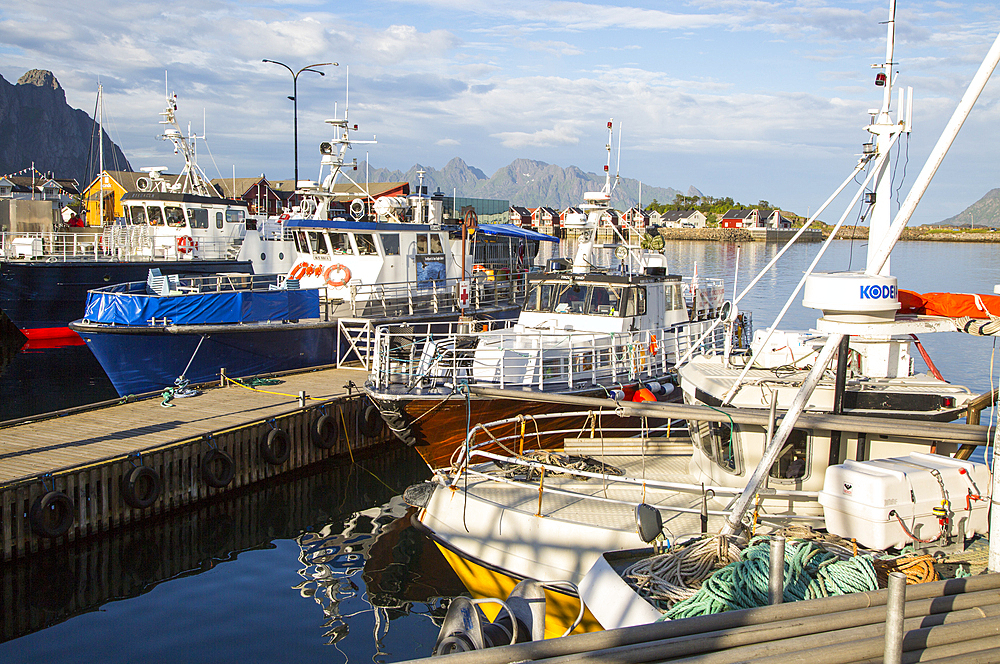 Boats in harbour at Svolvaer, Lofoten Islands, Nordland, Norway, Scandinavia, Europe