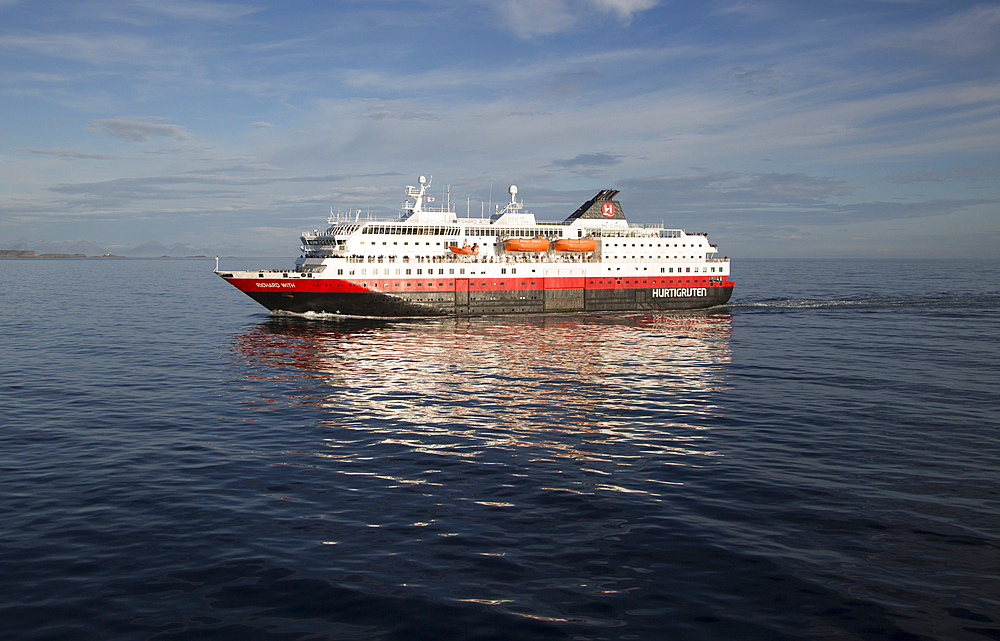 Hurtigruten Coastal Express ferry ship Richard With at sea, Lofoten Islands, Nordland, Norway, Scandinavia, Europe