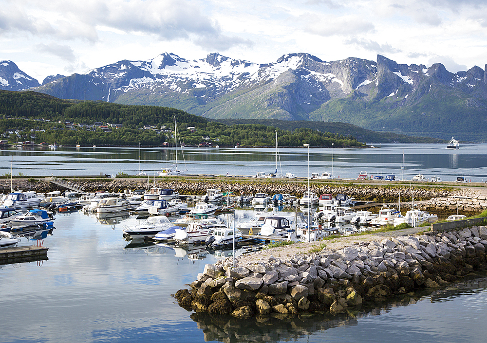 Boats moored in marina, Ornes, Nordland, Norway, Scandinavia, Europe