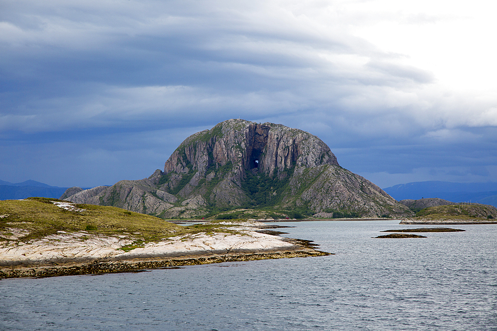 Torghatten granite mountain with a hole through it, Torget island, Bronnoy, Nordland county, Norway, Scandinavia, Europe