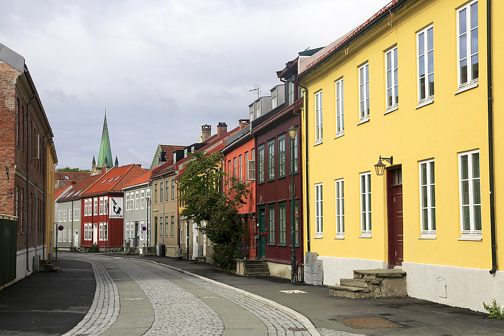 Historic Nygata Street with old housing in city centre Nedre Bakklandet area, Trondheim, Norway, Scandinavia, Europe