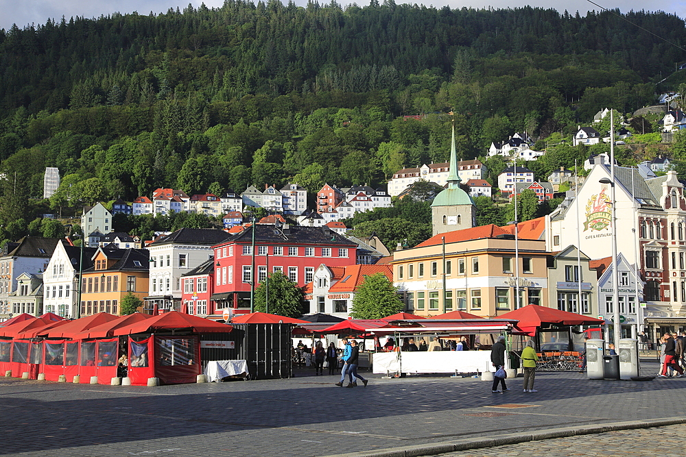 Historic buildings in the Torget fish market square area of Vagen harbour, Bergen, Norway, Scandinavia, Europe