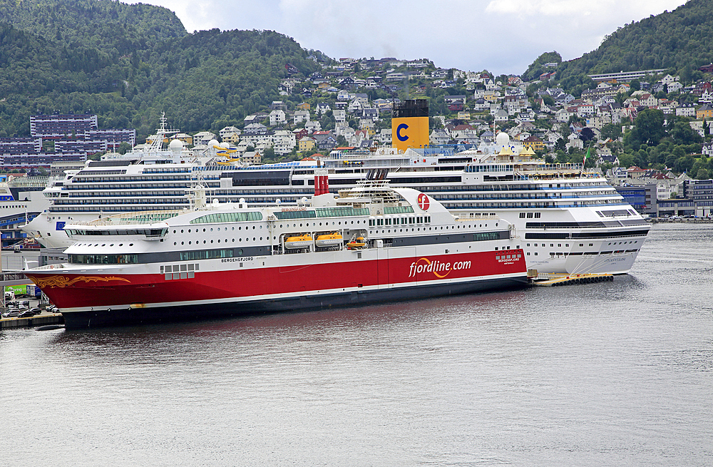 Fjordline ferry ship and cruise ship in docks, city of Bergen, Norway, Scandinavia, Europe