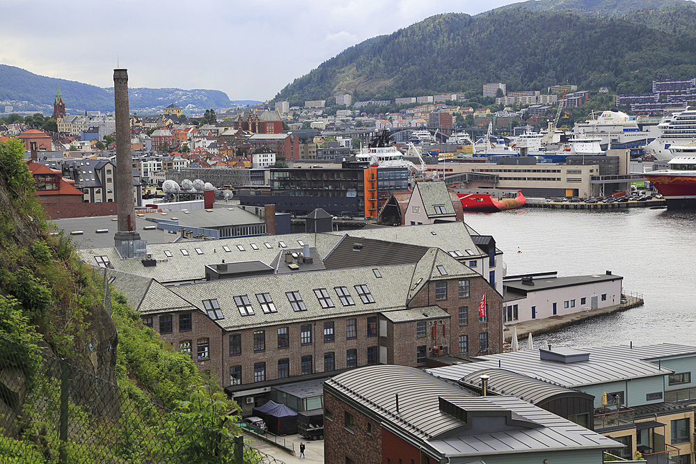 Old industrial buildings in docks, Nostet area, city of Bergen, Norway, Scandinavia, Europe