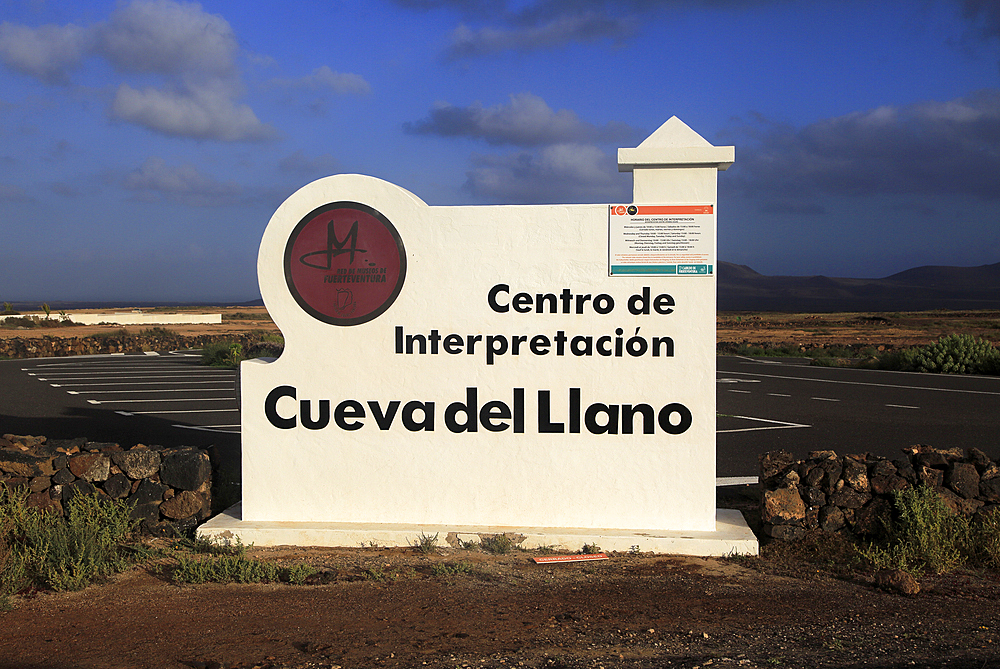 Sign for interpretation centre, Cueva del Llano, La Oliva, Fuerteventura, Canary Islands, Spain, Atlantic, Europe