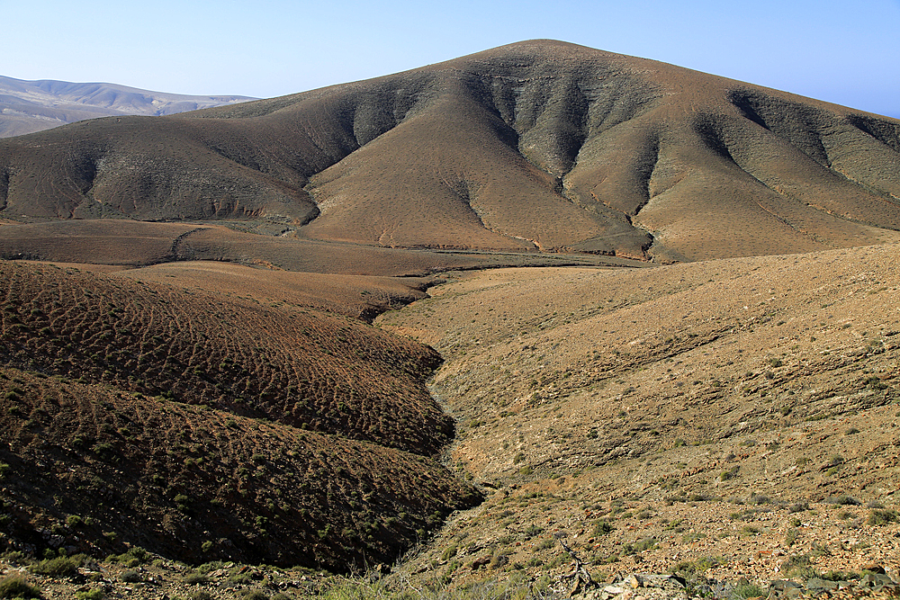 Bare moon-like arid landscape in mountains between Pajara and La Pared, Fuerteventura, Canary Islands, Spain, Atlantic, Europe