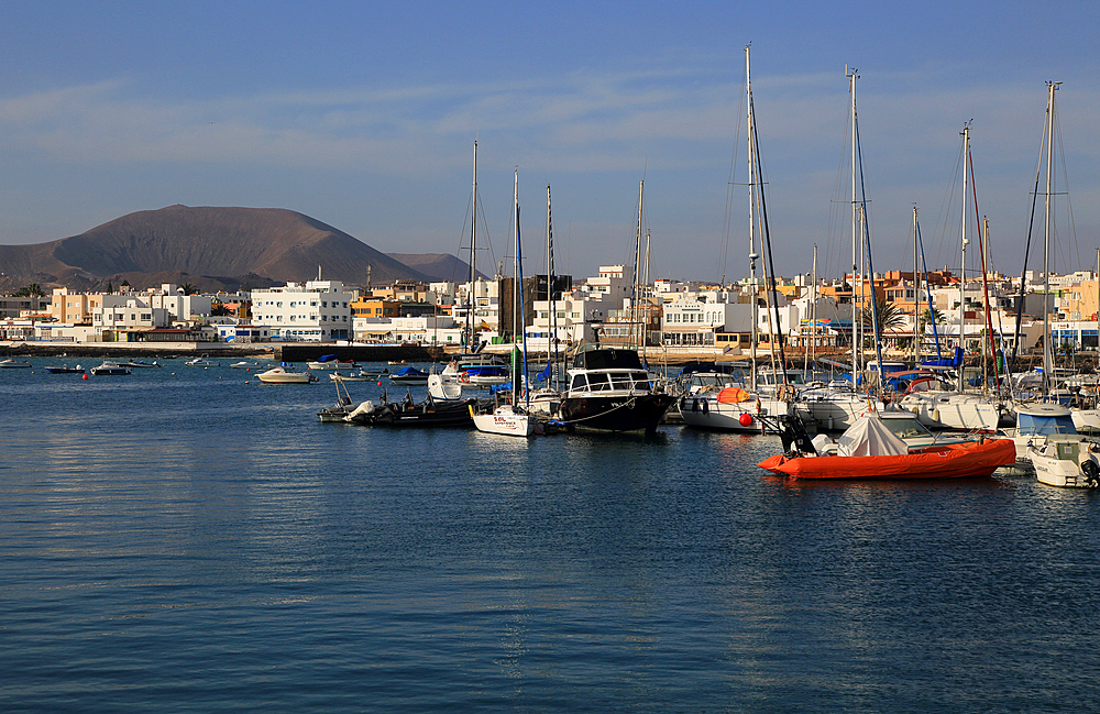 Boats in harbour at Corralejo, Fuerteventura, Canary Islands, Spain, Atlantic, Europe