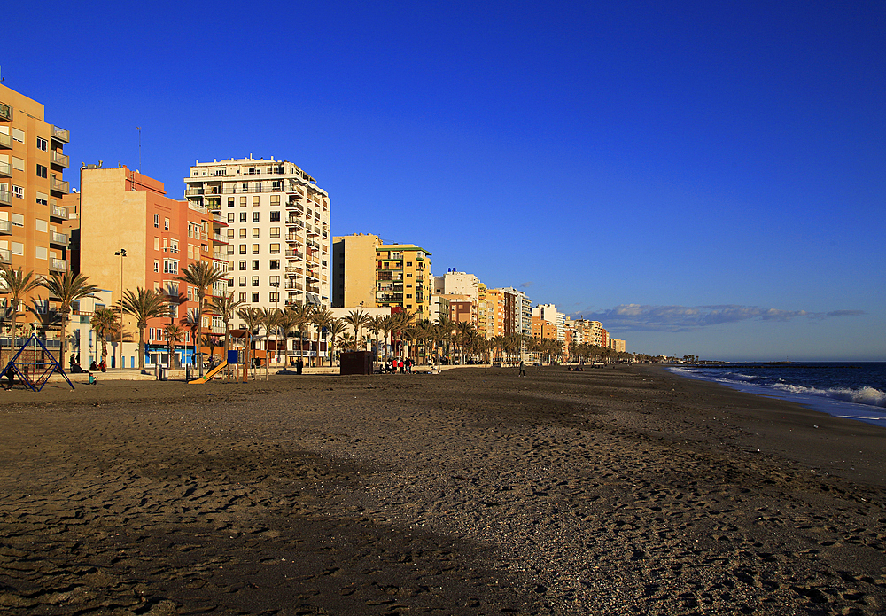 Sandy beach and seafront apartments city of Almeria, Andalusia, Spain, Europe