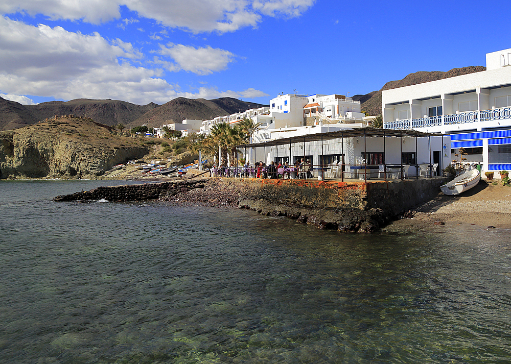 Waterside restaurant, Isleta de Moro village, Cabo de Gata Natural Park, Nijar, Almeria, Andalusia, Spain, Europe