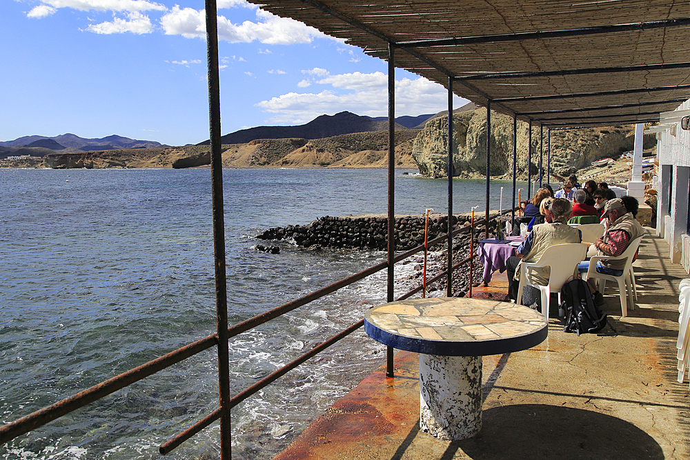 Waterside restaurant, Isleta de Moro village, Cabo de Gata Natural Park, Nijar, Almeria, Andalusia, Spain, Europe