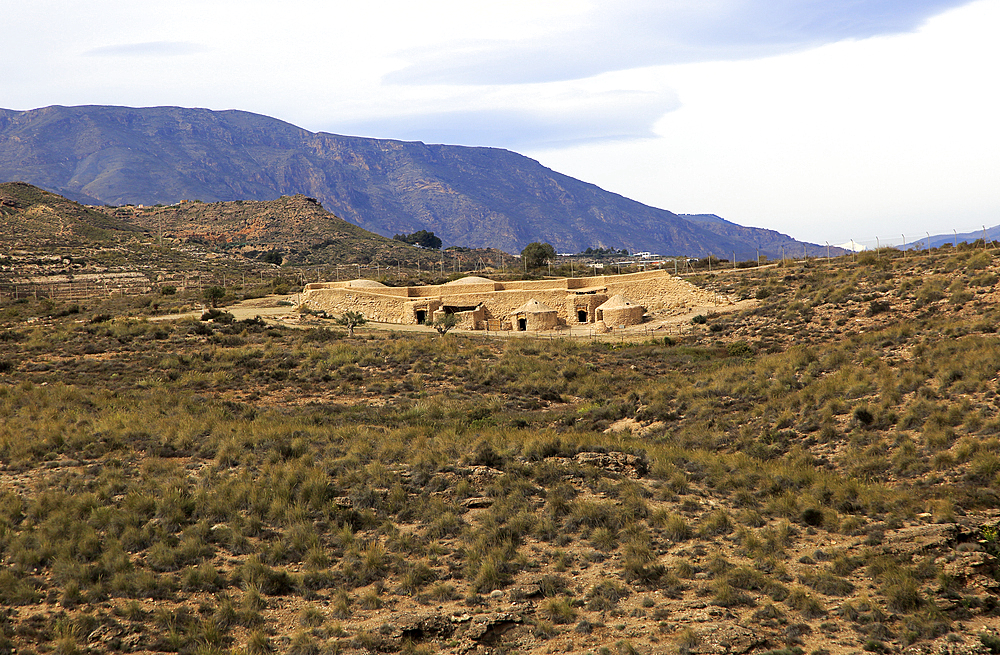 Reconstruction of buildings, Los Millares prehistoric Chalcolithic settlement archaelogical site, Almeria, Andalusia, Spain, Europe