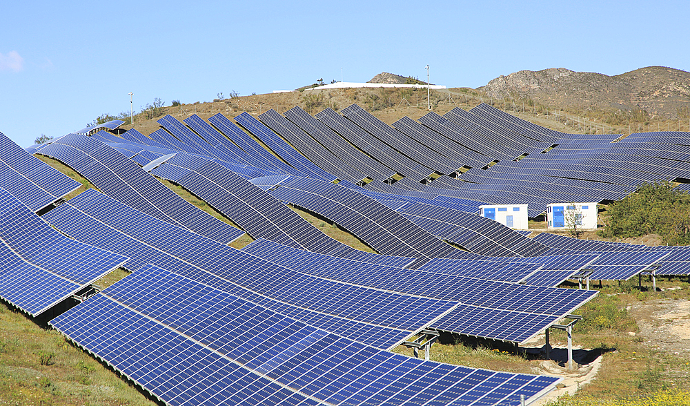 Array of solar panels on a bright sunny day, Sierra Alhamilla, near Nijar, Almeria, Andalusia, Spain, Europe