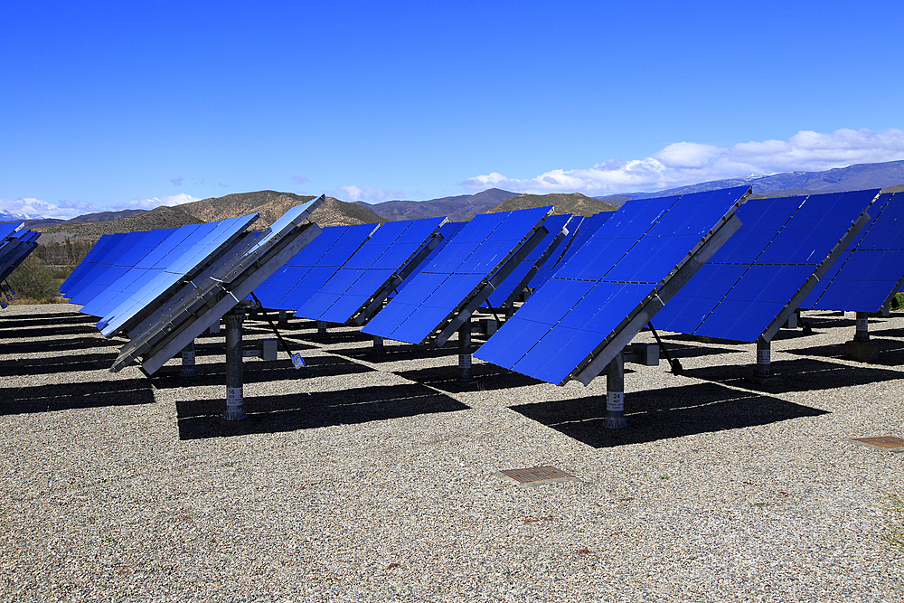 Heliostats reflecting sun rays, solar energy scientific research centre, AORA Tulip System, Tabernas, Almeria, Andalusia, Spain, Europe