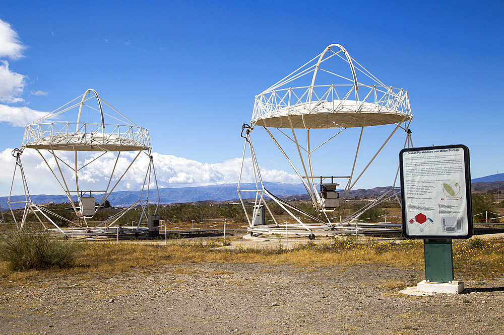 Parabolic discs at the solar energy scientific research centre, Tabernas, Almeria, Andalusia, Spain, Europe