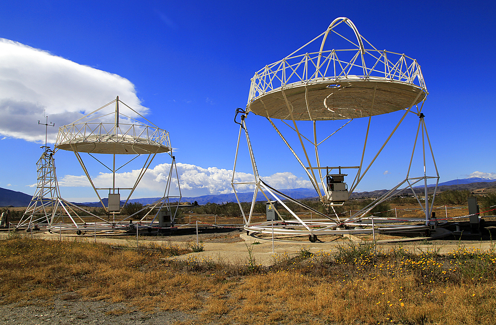 Parabolic discs at the solar energy scientific research centre, Tabernas, Almeria, Andalusia, Spain, Europe