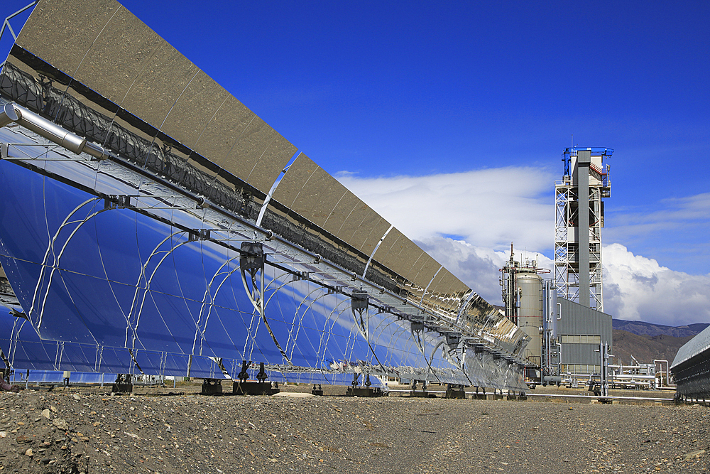 Curved concave reflector panels desalinisation plant at the solar energy scientific research centre, Tabernas, Almeria, Andalusia, Spain, Europe