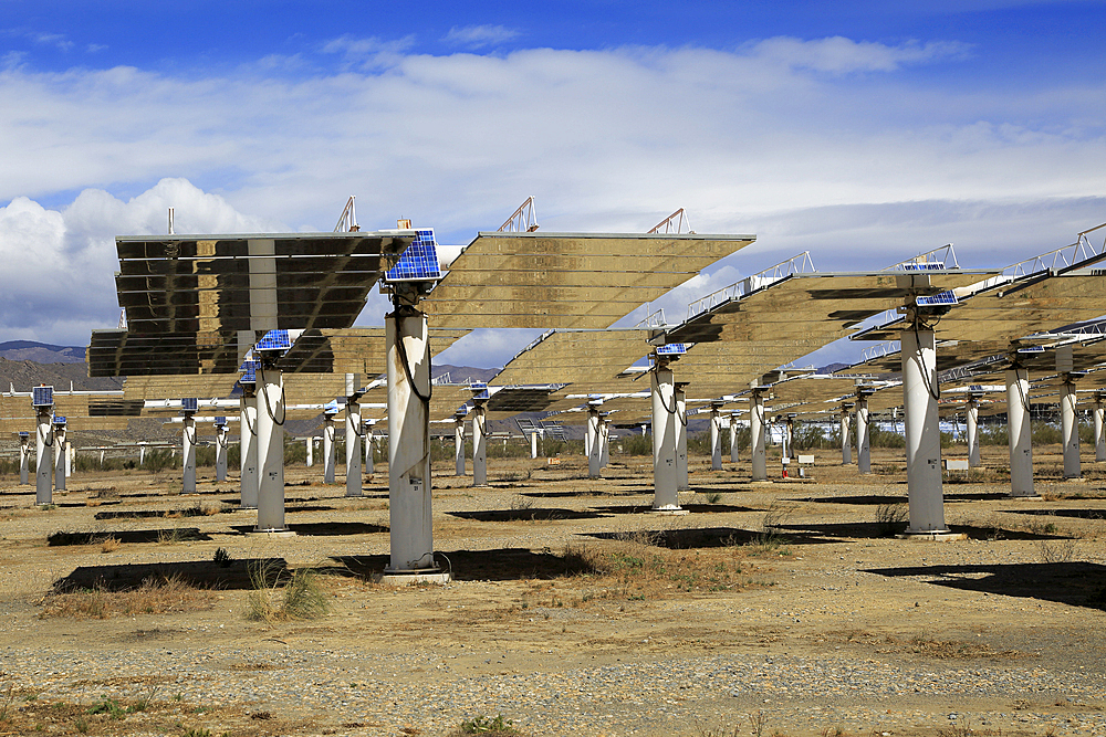 Heliostats at the solar energy scientific research centre, Tabernas, Almeria, Andalusia, Spain, Europe