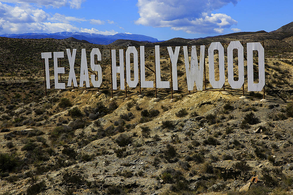 Texas Hollywood movie set tourist attraction sign near Tabernas, Almeria, Andalusia, Spain, Europe