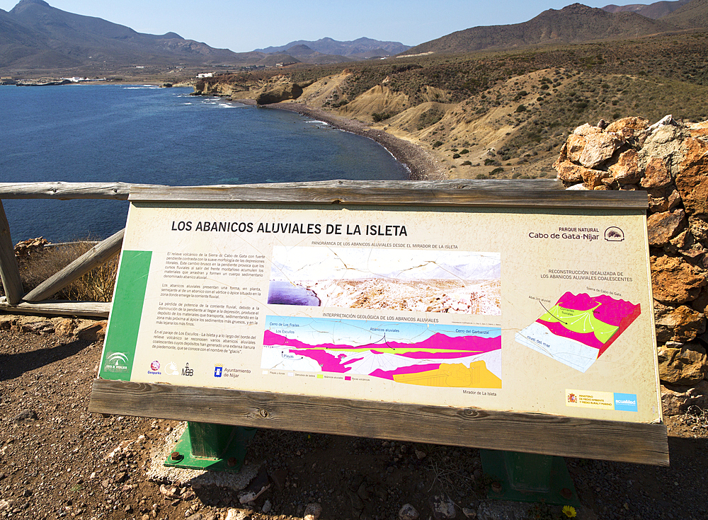 Information panel about geology, La Isleta, Cabo de Gata national park, Almeria, Andalusia, Spain, Europe