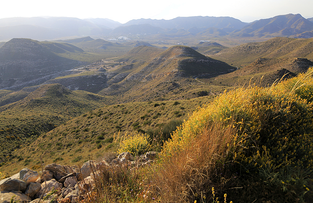 View westwards inland over valley of Rodalquilar, Cabo de Gata natural park, Almeria, Andalusia, Spain, Europe