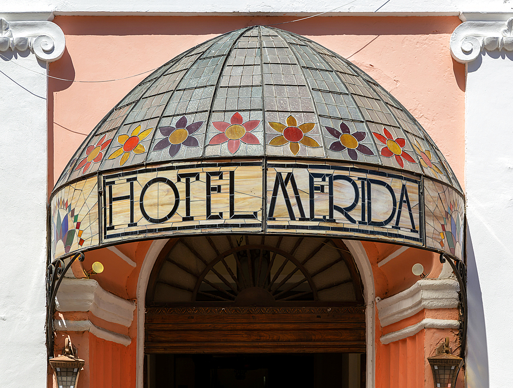 Stained glass canopy entrance to colonial style Hotel Merida, Merida, Yucatan State, Mexico, North America