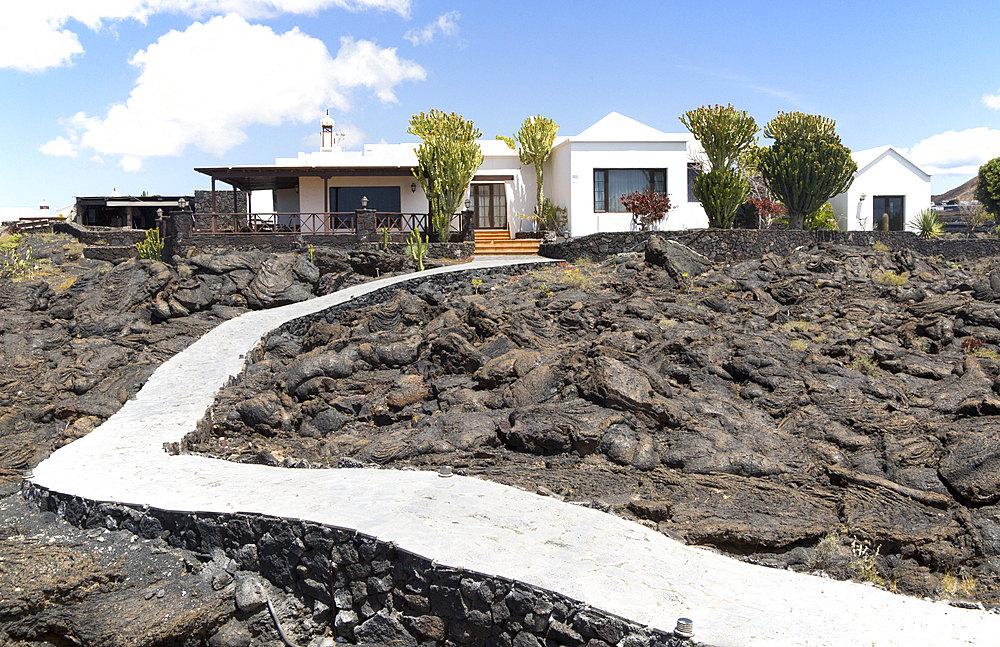 Garden path crossing solidified pahoehoe or ropey lava field, Tahiche, Lanzarote, Canary Islands, Spain, Atlantic, Europe