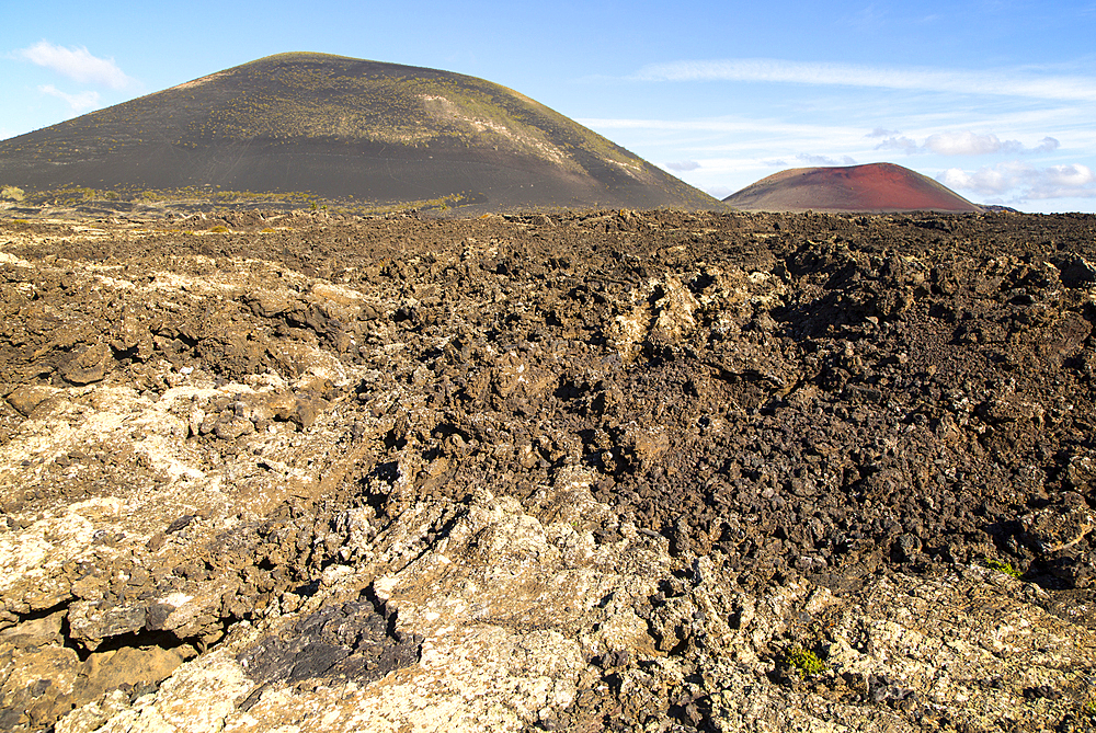 Malpais badlands volcanic landscape Montana Negra and Caldera Colorada, Parque Natural Los Volcanes, Masdache, Lanzarote, Canary islands, Spain, Atlantic, Europe