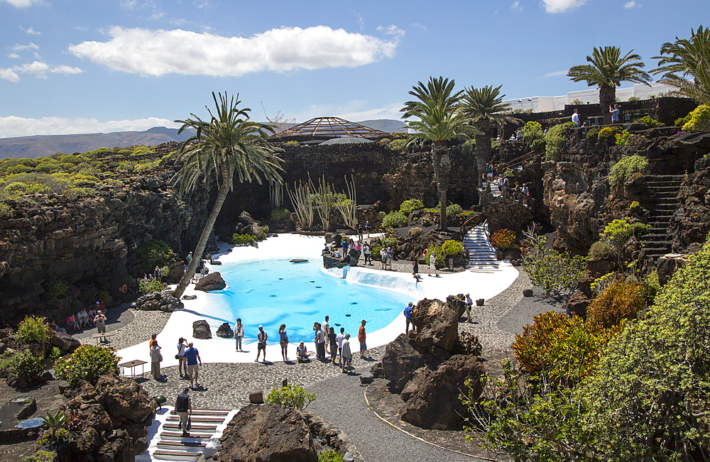 Tropical garden and Jameo Grande swimming pool, Jameos de Aqua, designed by Cesar Manrique, Lanzarote, Canary Islands, Spain, Atlantic, Europe