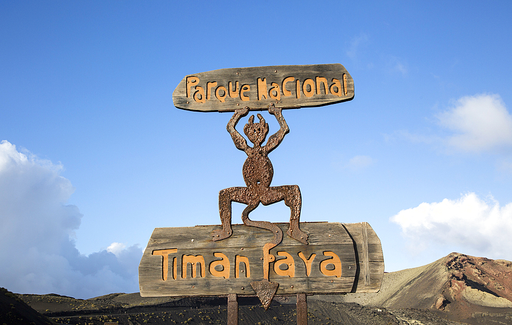 Sign for Parque Nacional de Timanfaya, national park, designed by Cesar Manrique, Lanzarote, Canary Islands, Spain, Atlantic, Europe