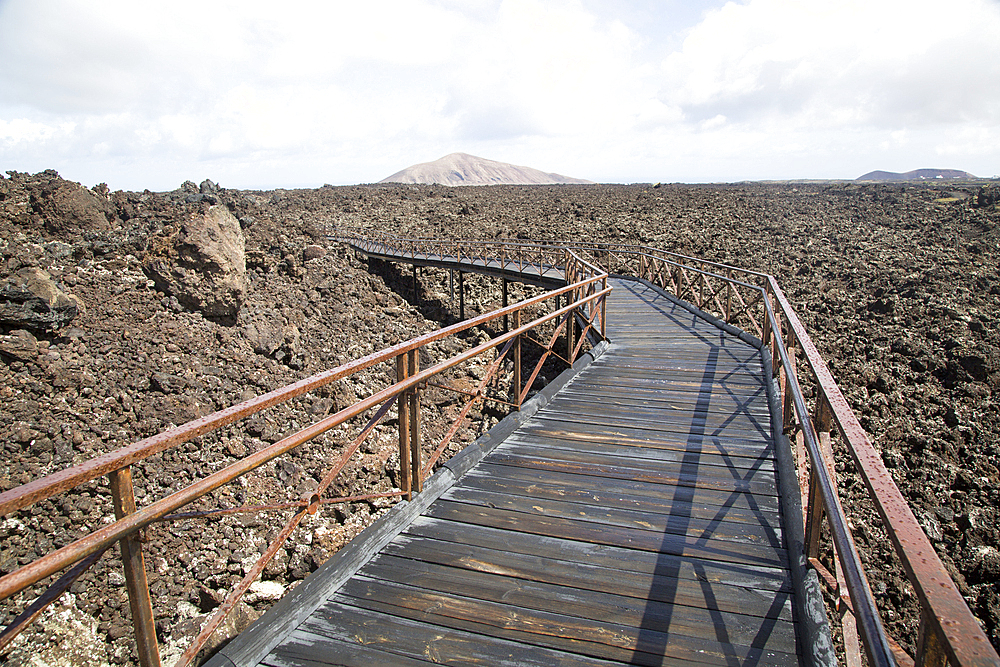 Walkway over lava field, Timanfaya Volcano Interpretation and Visitors' Centre, Lanzarote, Canary Islands, Spain, Atlantic, Europe