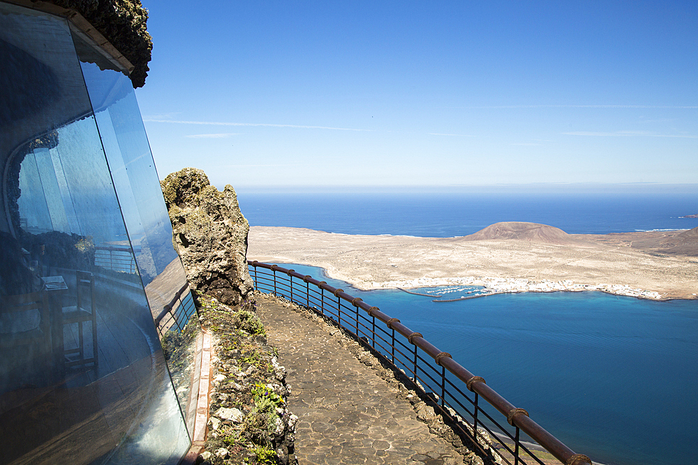 View from El Mirador del Rio, La Graciosa island and El Rio channel, Chinjo archipelago natural park, Lanzarote, Canary Islands, Spain, Atlantic, Europe