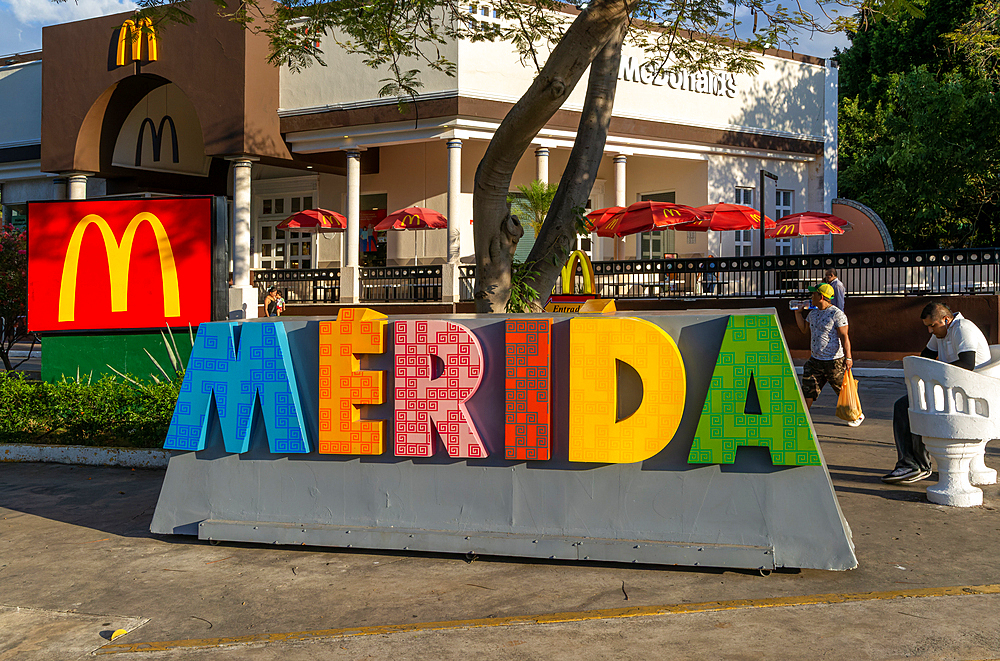 Large letters spell city name outside McDonalds, Paseo de Montejo, Merida, Yucatan State, Mexico, North America