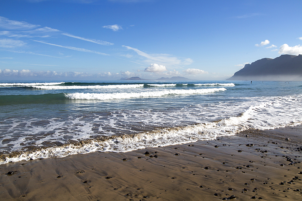 Atlantic Ocean coast beach and waves, Caleta de Famara, Lanzarote, Canary islands, Spain, Atlantic, Europe