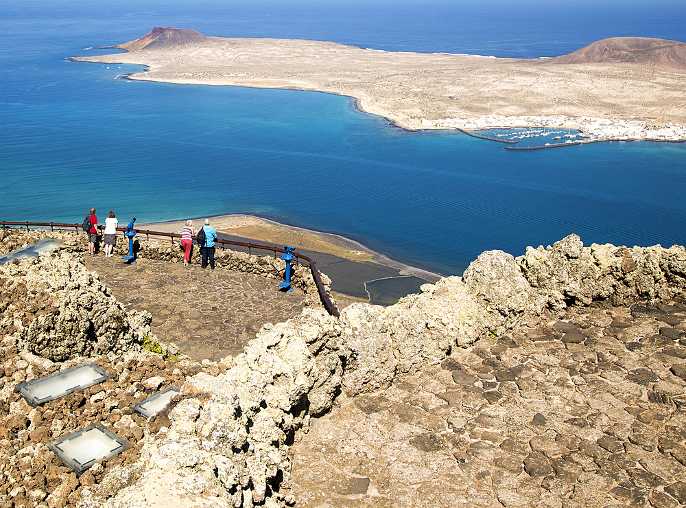 View from El Mirador del Rioi, La Graciosa island and El Rio channel, Chinjo archipelago natural park, Lanzarote, Canary Islands, Spain, Atlantic, Europe