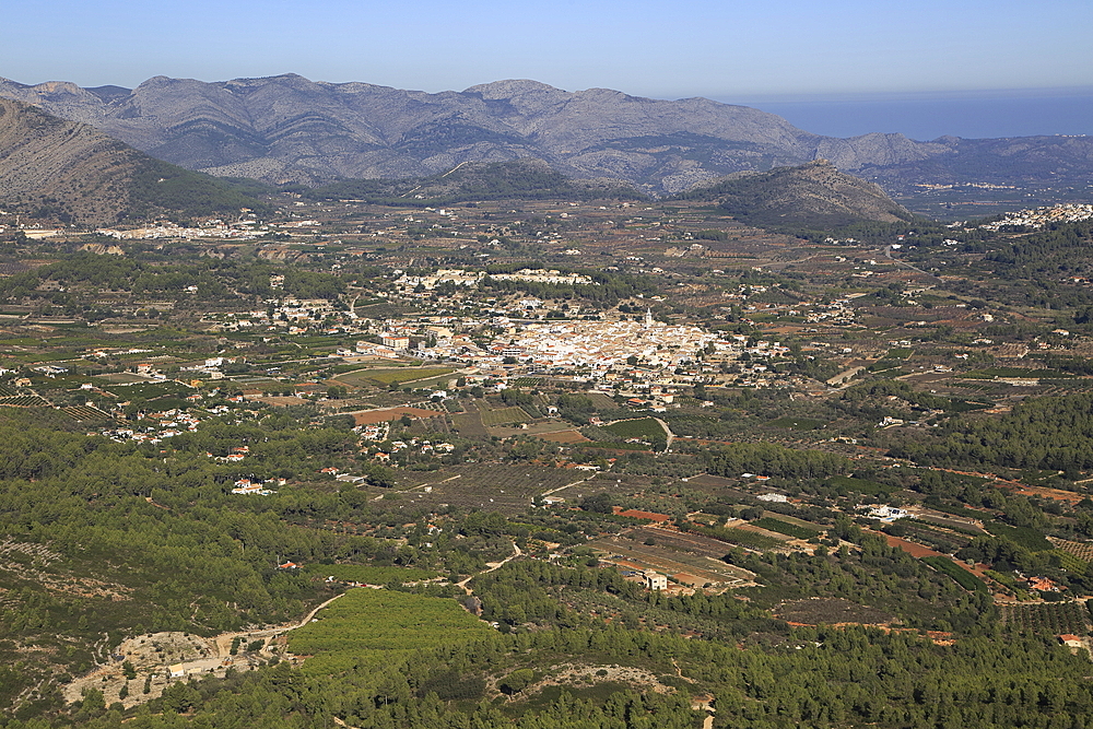 Raised view over Parcent village and Pop Valley, La Marina Alta, Alicante province, Spain, Europe