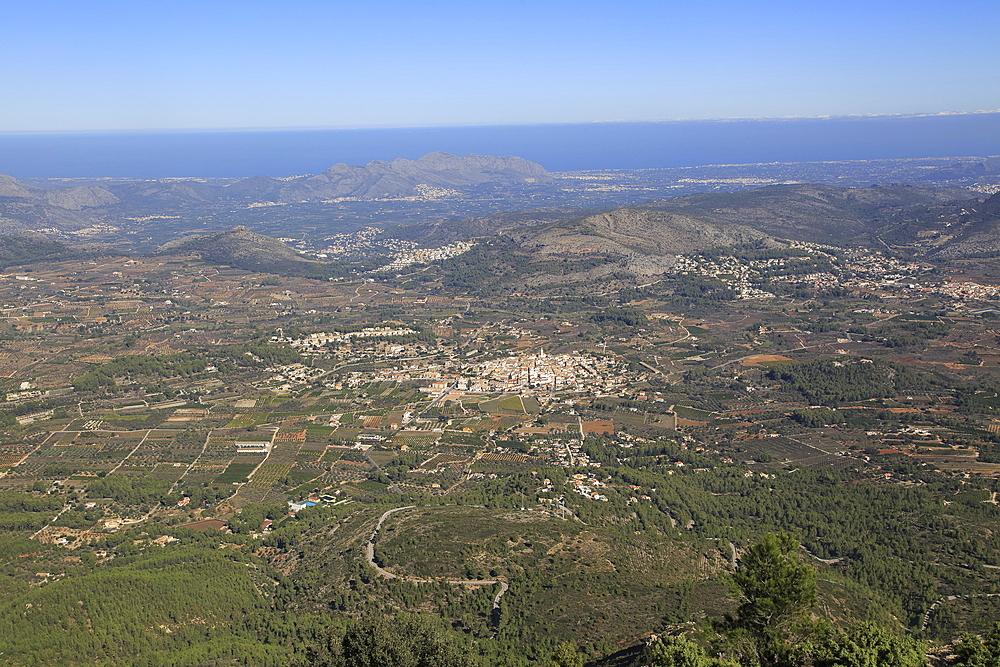 Raised view over Parcent village and Pop Valley, La Marina Alta, Alicante province, Spain, Europe