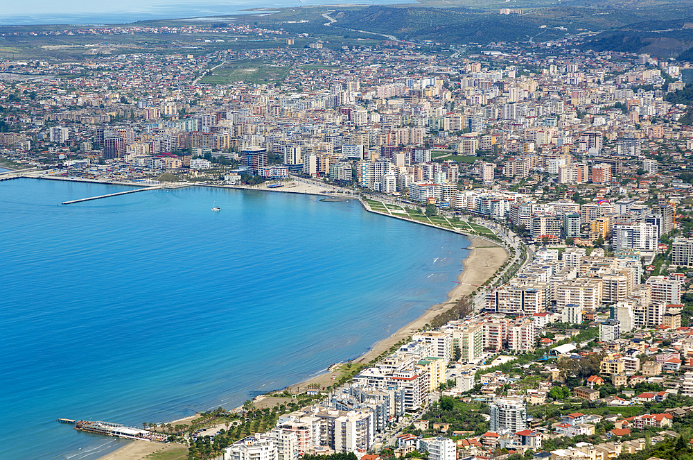 Oblique aerial view of city of Vlore, Albania,  Europe