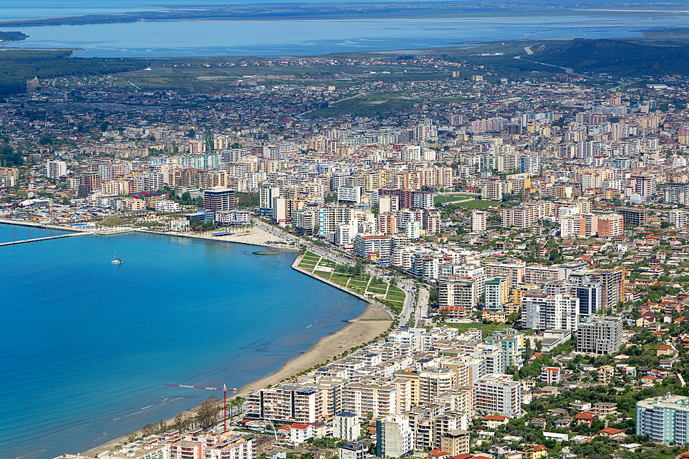 Oblique aerial view of city of Vlore, Albania,  Europe